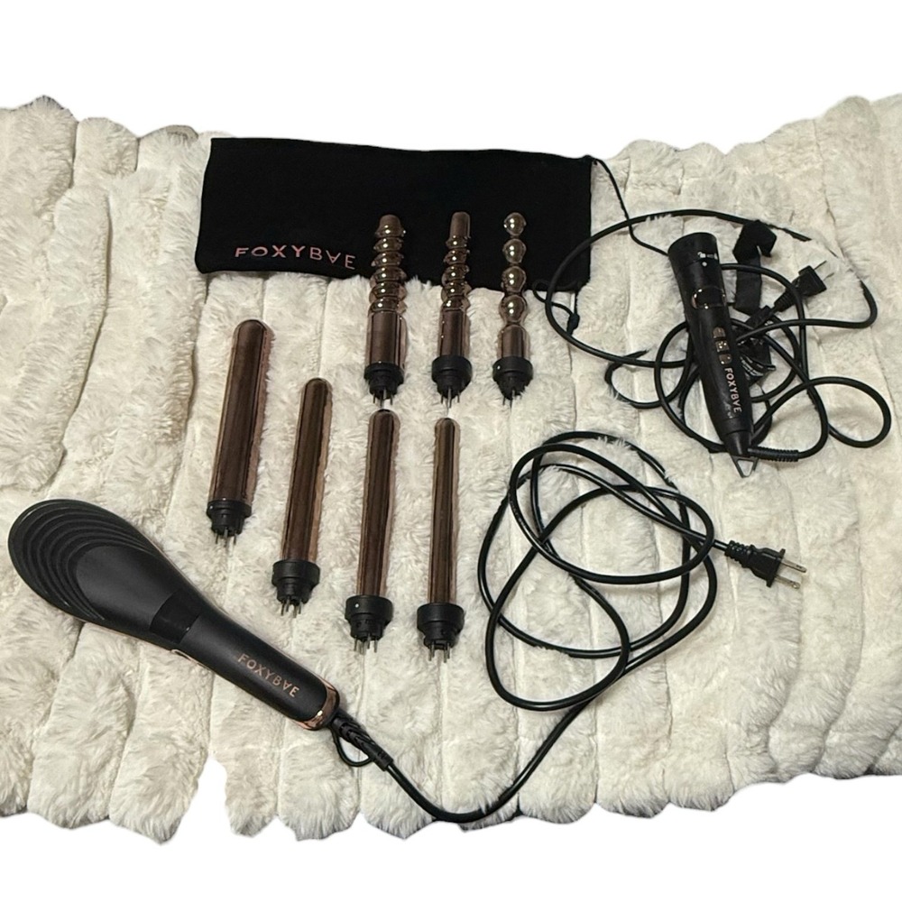 FoxyBae 7-in-1 Rose Gold Curling Wand & straightening brush lot -tested works!!